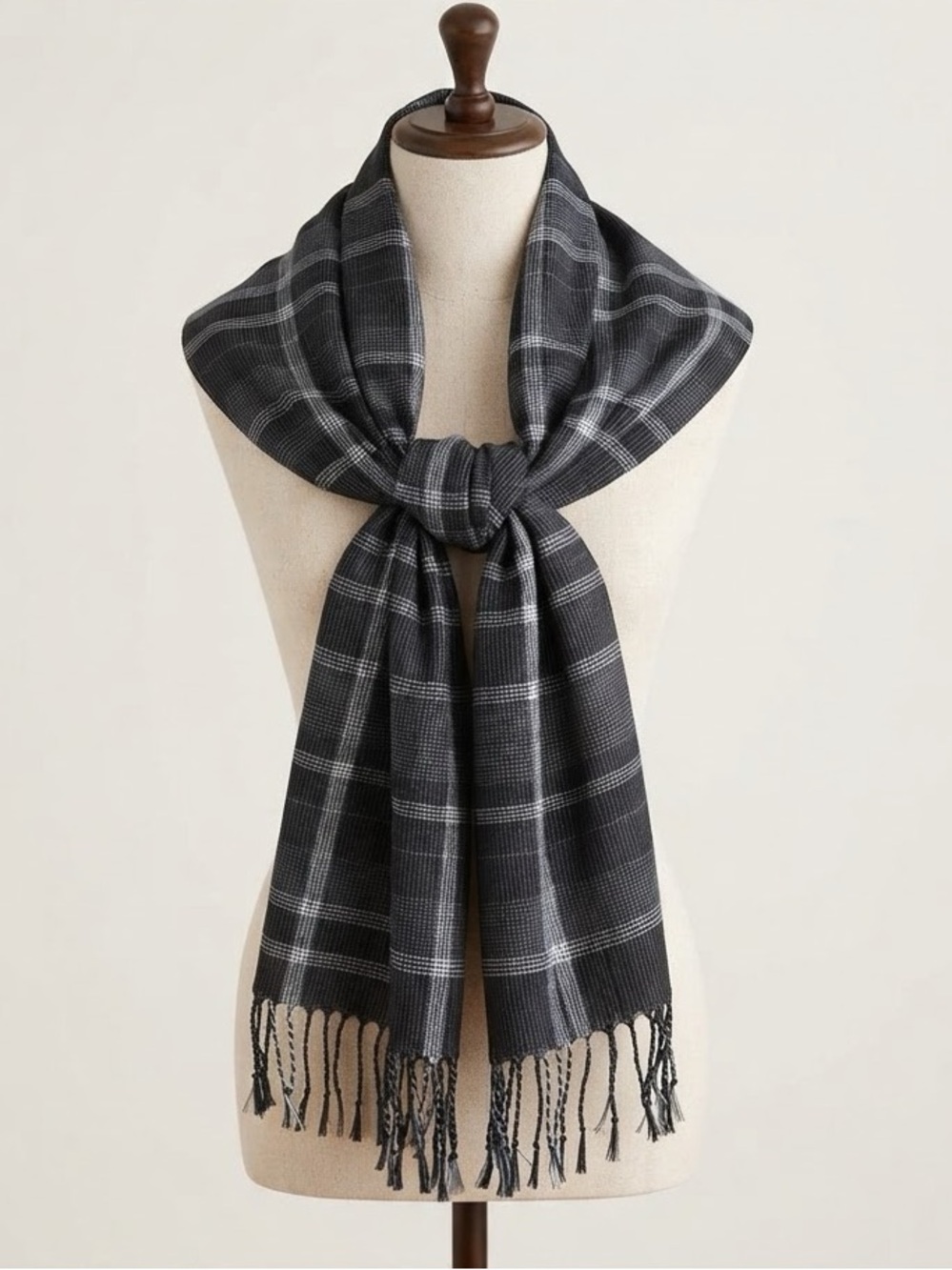 Wanabee Black Grey Plaid Fringe Long Scarf Tartan Pattern Soft Lightweight